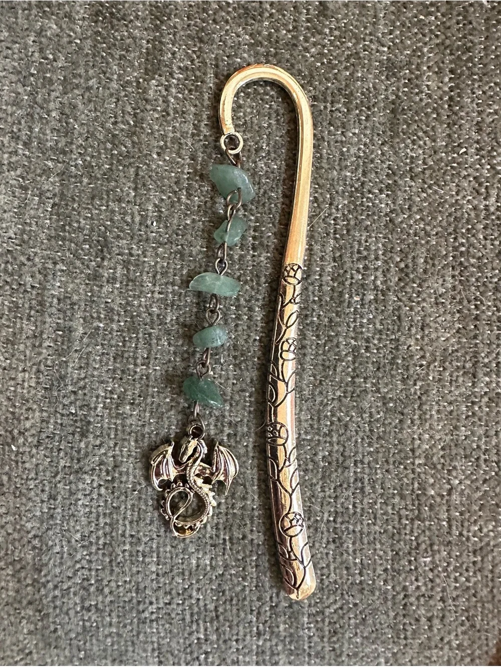Antique Silver-Tone Dragon Bookmark with Green Stone Dangles